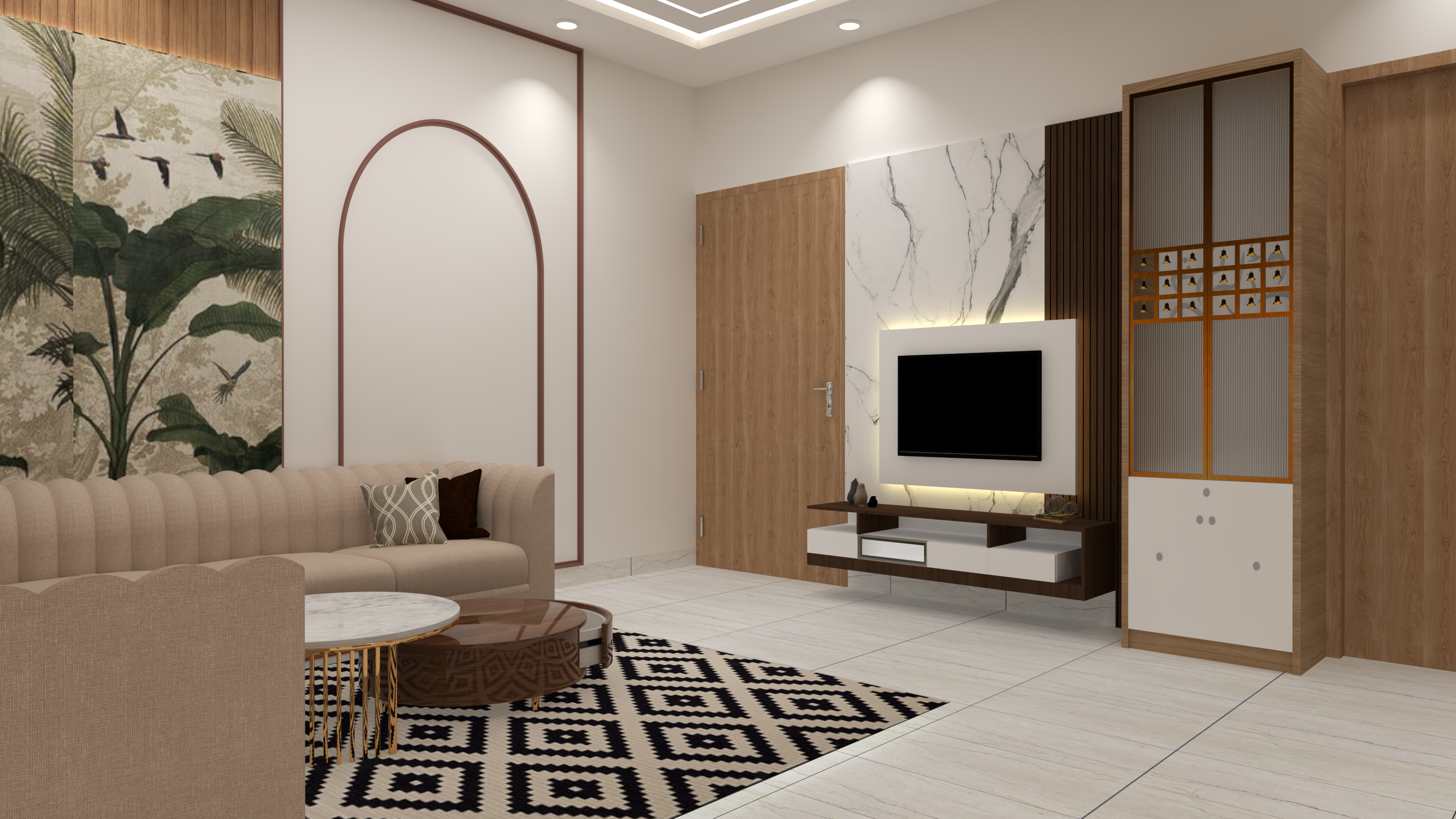 Tv unit with mandir 